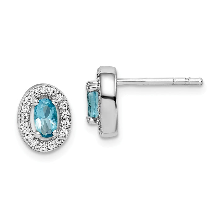 925 Sterling Silver Rhodium-plated with Light Blue & White Cubic Zirconia ( CZ ) Oval Stud Earrings, 9mm x 8mm