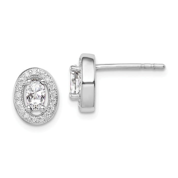 925 Sterling Silver Rhodium-plated with Cubic Zirconia ( CZ ) Oval Stud Earrings, 9mm x 8mm