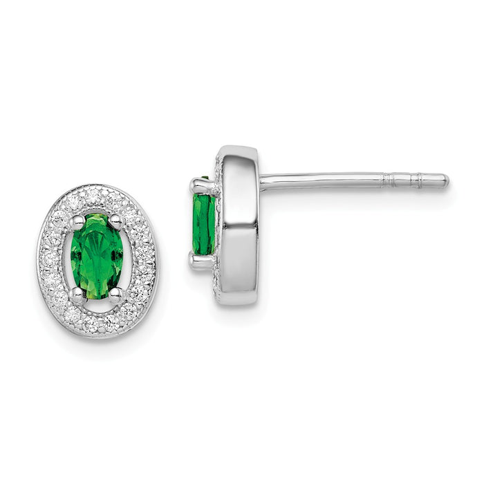 925 Sterling Silver Rhodium-plated with Green & White Cubic Zirconia ( CZ ) Oval Stud Earrings, 9mm x 8mm