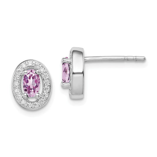 925 Sterling Silver Rhodium Polished June Purple & White Cubic Zirconia ( CZ ) Oval Post Earrings, 9mm x 8mm