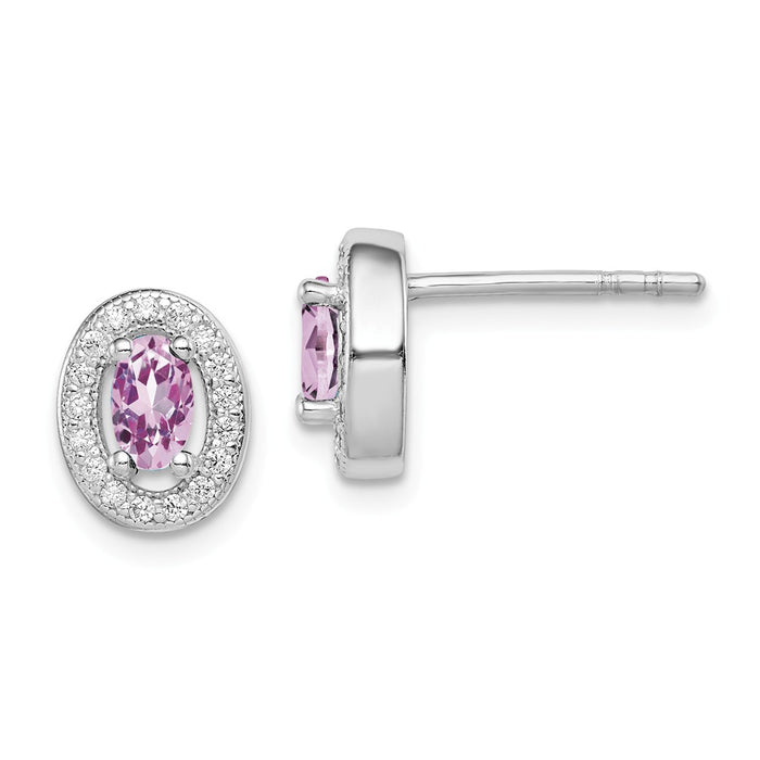 925 Sterling Silver Rhodium Polished June Purple & White Cubic Zirconia ( CZ ) Oval Post Earrings, 9mm x 8mm