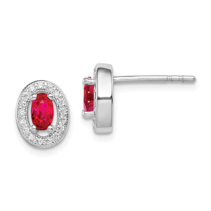 925 Sterling Silver Rhodium-plated with Red & White Cubic Zirconia ( CZ ) Oval Stud Earrings, 9mm x 8mm