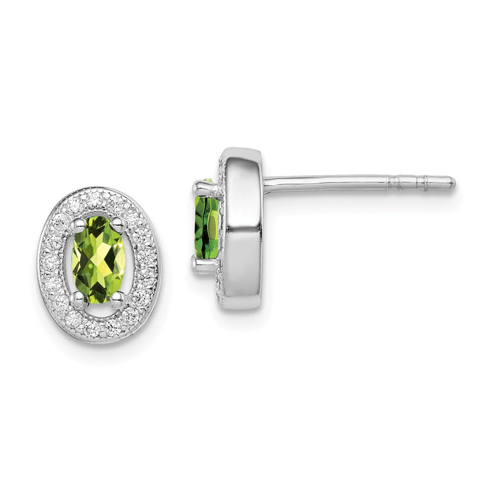 925 Sterling Silver Rhodium-plated Light Green & White Cubic Zirconia ( CZ ) Oval Stud Earrings, 9mm x 8mm