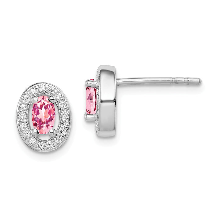 925 Sterling Silver Rhodium-plated with Pink & White Cubic Zirconia ( CZ ) Oval Stud Earrings, 9mm x 8mm