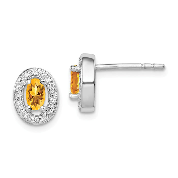 925 Sterling Silver Rhodium-plated with Yellow & White Cubic Zirconia ( CZ ) Oval Stud Earrings, 9mm x 8mm