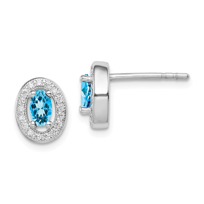 925 Sterling Silver Rhodium-plated with Blue & White Cubic Zirconia ( CZ ) Oval Stud Earrings, 9mm x 8mm