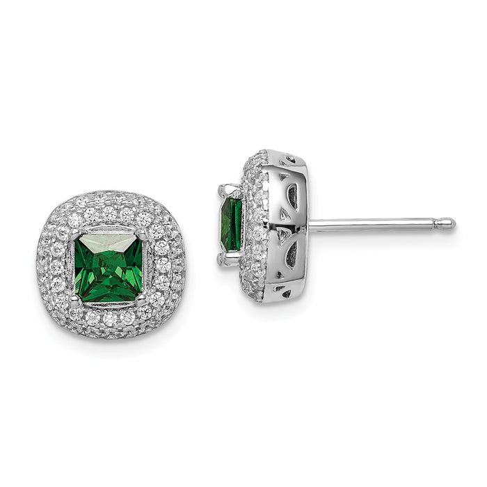 925 Sterling Silver Rhodium-plated White & Green Cubic Zirconia ( CZ ) Post Earrings, 11mm x 11mm