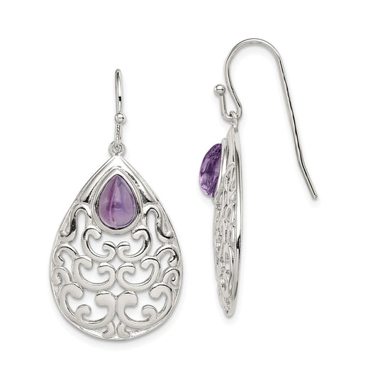 925 Sterling Silver Amethyst Teardrop Shepherd Hook Earrings, 40mm x 19mm