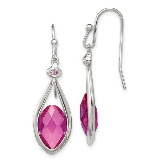 925 Sterling Silver Polished with Synthetic Pink Bead Shepherd Hook Earrings, 37mm x 11mm