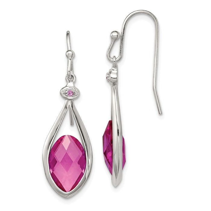 925 Sterling Silver Polished with Synthetic Pink Bead Shepherd Hook Earrings, 37mm x 11mm