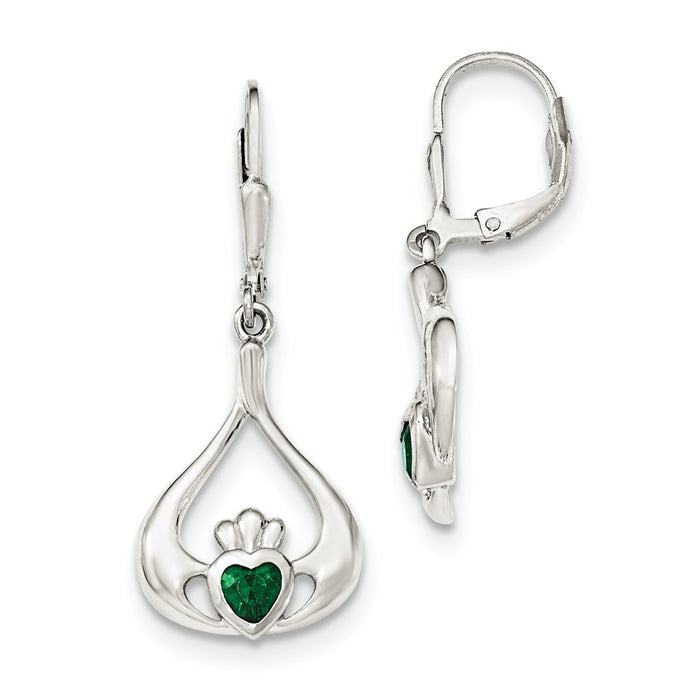 925 Sterling Silver Green Cubic Zirconia ( CZ ) Heart Leverback Claddagh Dangle Earrings, 38mm x 16mm