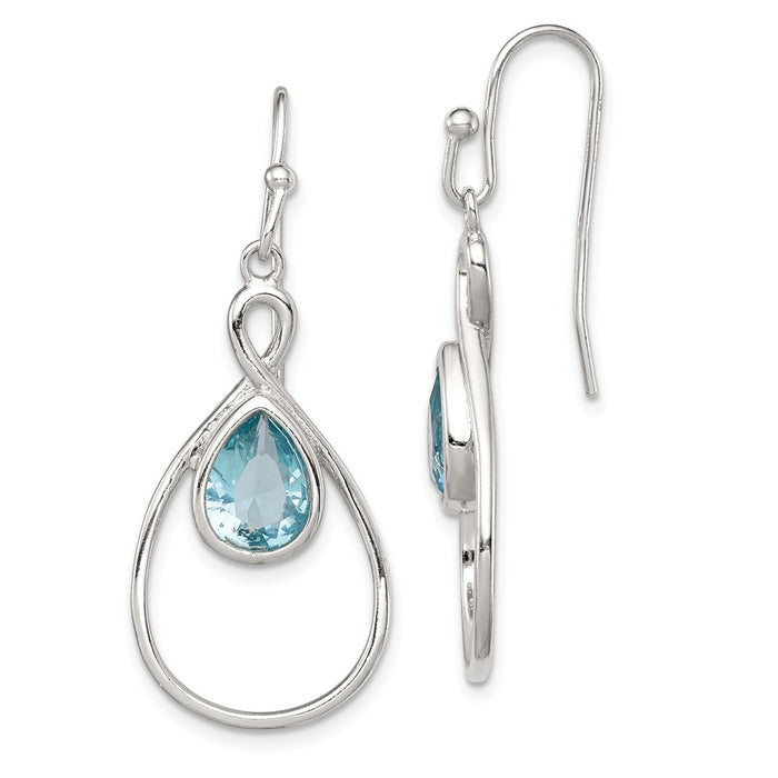 925 Sterling Silver Polished with Aquamarine Glass Shepherd Hook Earrings, 38mm x 17mm