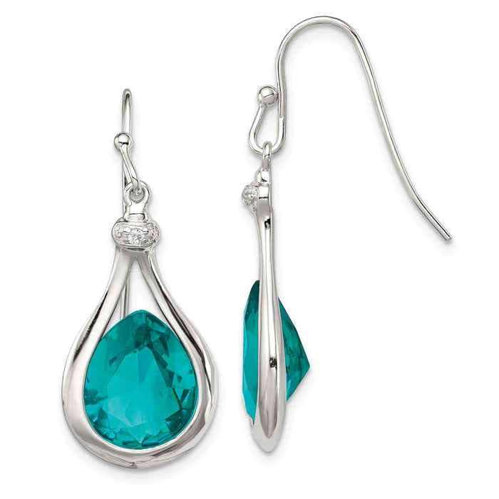 925 Sterling Silver with Green Glass and Cubic Zirconia ( CZ ) Shepherd Hook Earrings, 35mm x 15mm