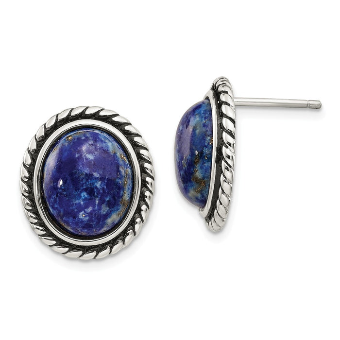 925 Sterling Silver Polished/Antiqued Lapis Cabochon Post Earrings, 18mm x 16mm