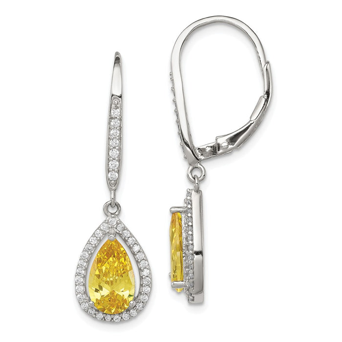 925 Sterling Silver Champagne and Clear Cubic Zirconia ( CZ ) Teardrop Leverback Earrings, 34mm x 10mm
