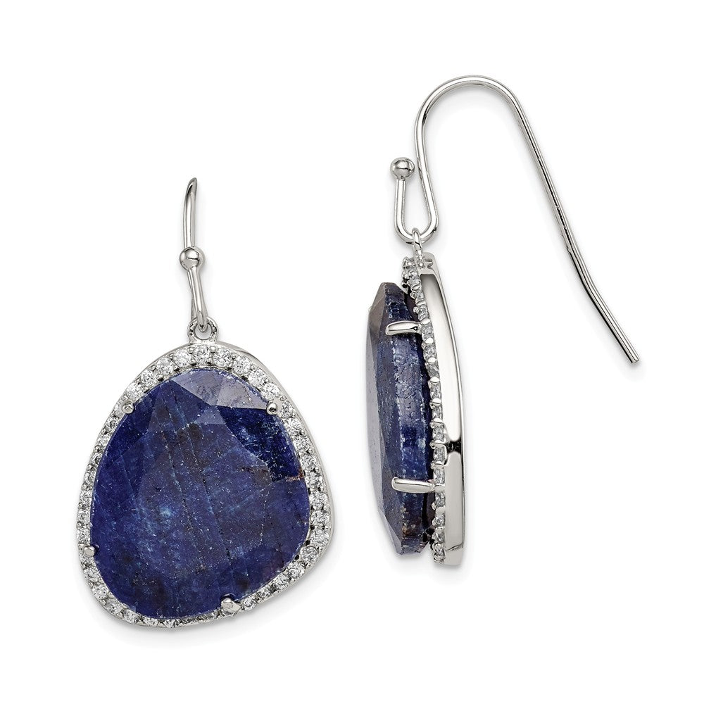 925 Sterling Silver with Blue Corundum and Cubic Zirconia ( CZ ) Shepherd Hook Earrings, 35mm x 19mm