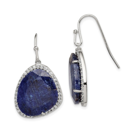 925 Sterling Silver with Blue Corundum and Cubic Zirconia ( CZ ) Shepherd Hook Earrings, 35mm x 19mm