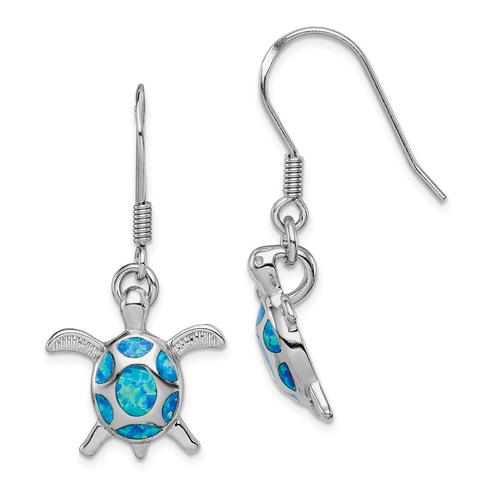 925 Sterling Silver Rhodium Created Blue Opal Turtle Shepherd Hook Earrings, 35mm x 19mm