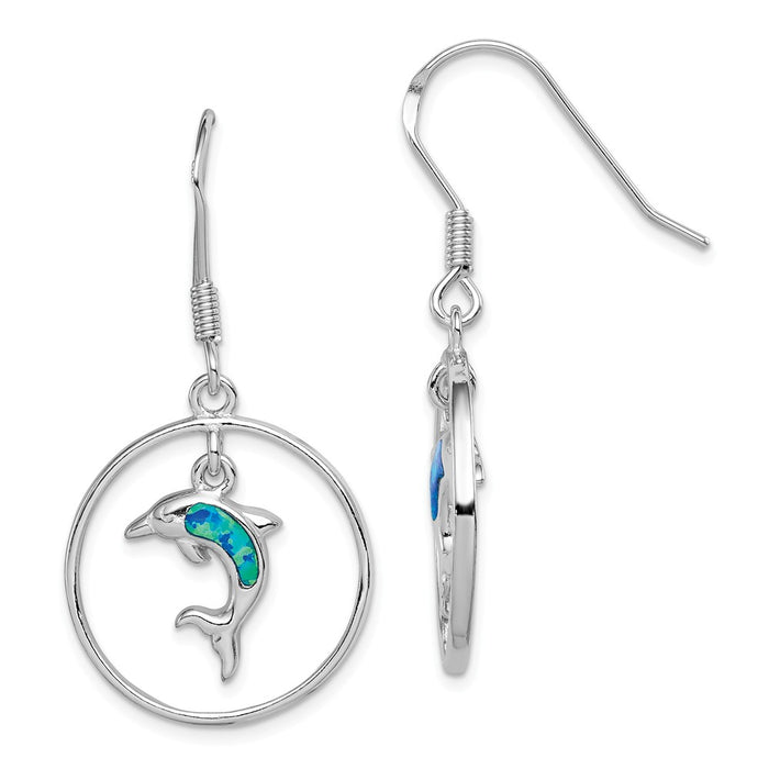 925 Sterling Silver Rhodium Circle with Created Blue Opal Dolphin Dangle Earrings, 40mm x 23mm