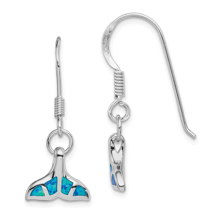 925 Sterling Silver Rhodium Created Opal Dolphin Tail Shepherd Hook Earrings, 31mm x 13mm