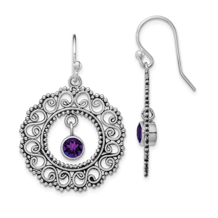 925 Sterling Silver Rhodium-plated Antiqued Amethyst Shepherd Hook Earrings, 45mm x 26mm