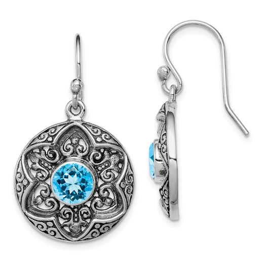 925 Sterling Silver Rhodium Antiqued Blue Topaz Shepherd Hook Earrings, 33mm x 12mm