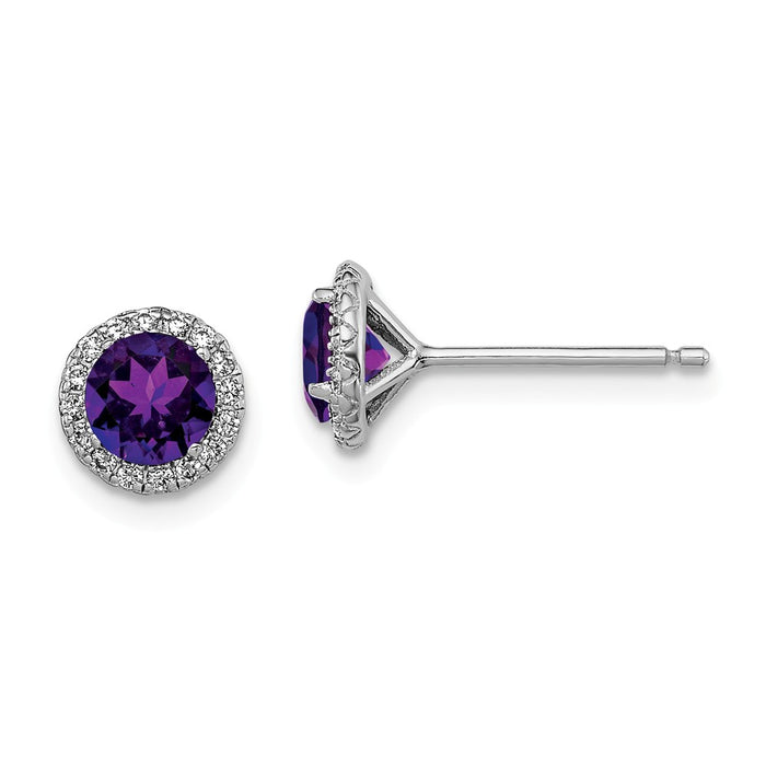 925 Sterling Silver Rhodium-plated Amethyst & Cubic Zirconia ( CZ ) Post Earrings, 8mm x 8mm