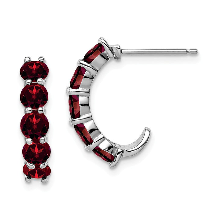 925 Sterling Silver Rhodium-plated Garnet J-Hoop Earrings, 19mm x 5mm