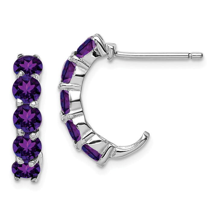 925 Sterling Silver Rhodium-plated Amethyst J-Hoop Earrings, 19mm x 5mm