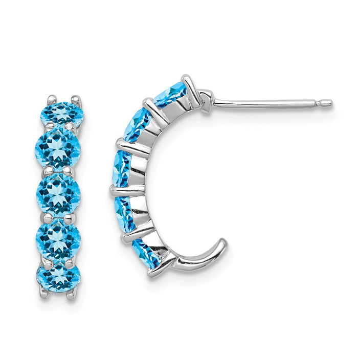 925 Sterling Silver Rhodium-plated Blue Topaz J-Hoop Earrings, 19mm x 5mm