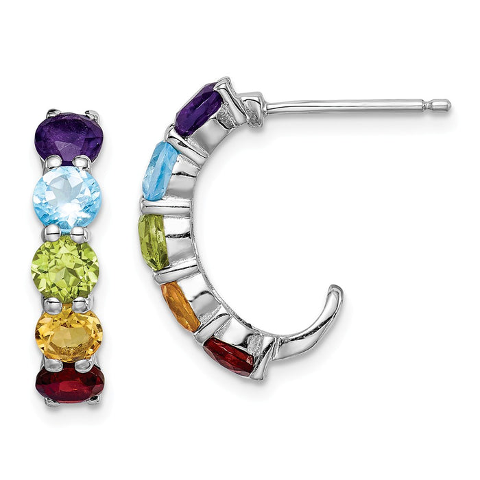 925 Sterling Silver Rhodium-plated Multi Gemstone J-Hoop Earrings, 12mm x 4mm