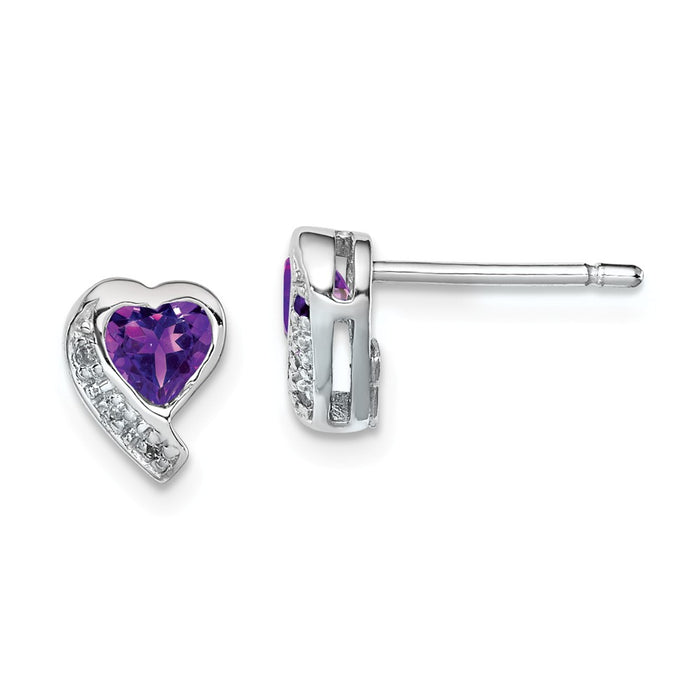 925 Sterling Silver Rhodium-plated Amethyst and Diamond Heart Earrings, 9mm x 7mm