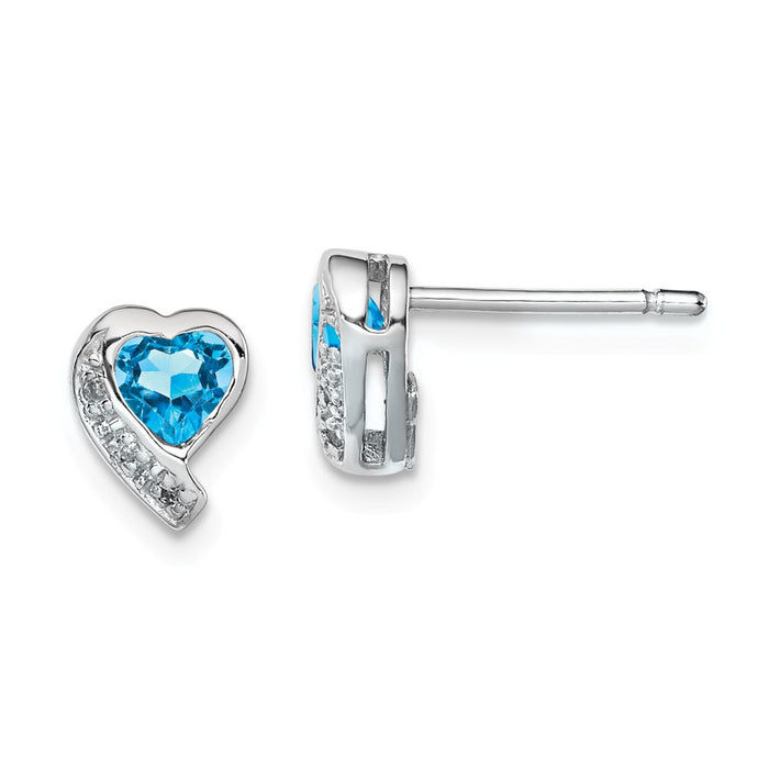 925 Sterling Silver Rhodium-plated Blue Topaz and Diamond Heart Earrings, 9mm x 7mm
