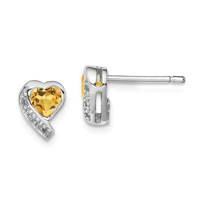 925 Sterling Silver Rhodium-plated Citrine and Diamond Heart Earrings, 9mm x 7mm