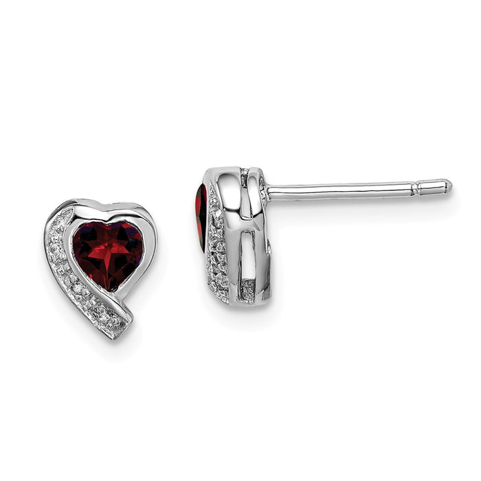 925 Sterling Silver Rhodium-plated Garnet and Diamond Heart Earrings, 9mm x 7mm