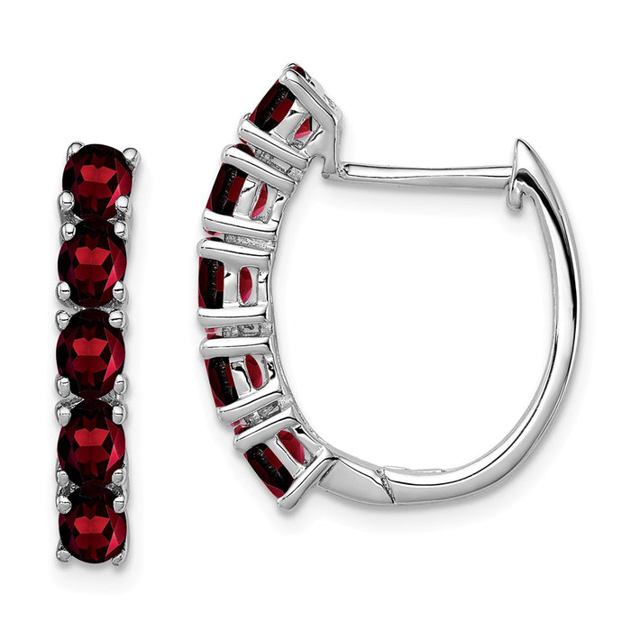 925 Sterling Silver Rhodium-plated Polished Garnet Hinged Hoop Earrings, 20mm x 18mm