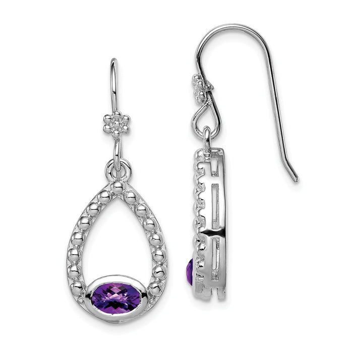 925 Sterling Silver Rhodium-plated Amethyst Shepherd Hook Dangle Earrings, 34mm x 13mm