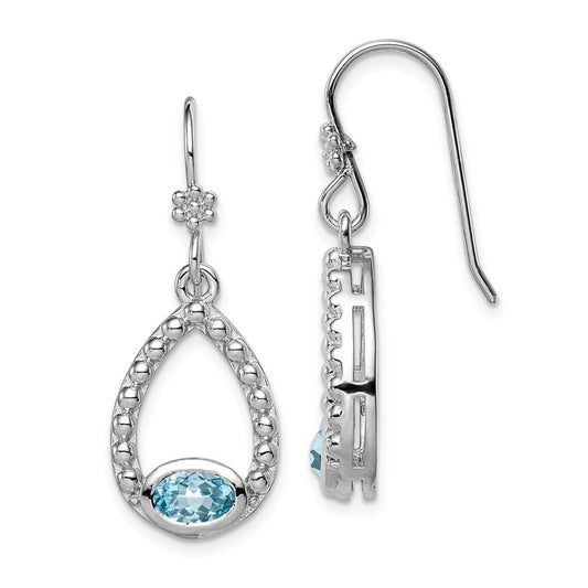 925 Sterling Silver Rhodium-plated Lt. Swiss Blue Topaz Shepherd Hook Earrings, 34mm x 13mm