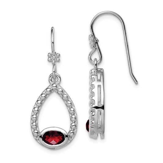 925 Sterling Silver Rhodium-plated Garnet Shepherd Hook Dangle Earrings, 34mm x 13mm