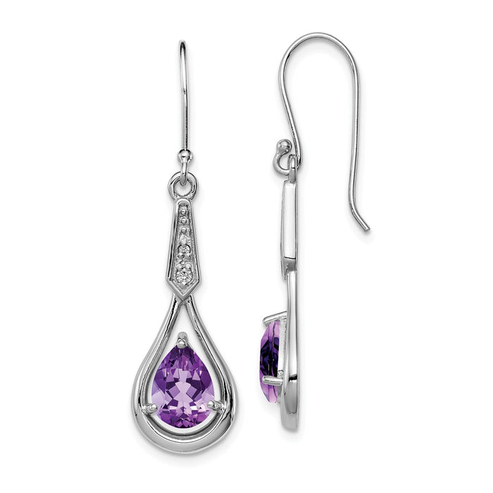 925 Sterling Silver Rhodium-plated with Cubic Zirconia ( CZ ) & Amethyst Dangle Earrings, 40mm x 11mm