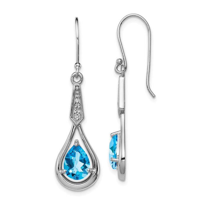 925 Sterling Silver Rhodium-plated with Cubic Zirconia ( CZ ) & Blue Topaz Dangle Earrings, 40mm x 11mm