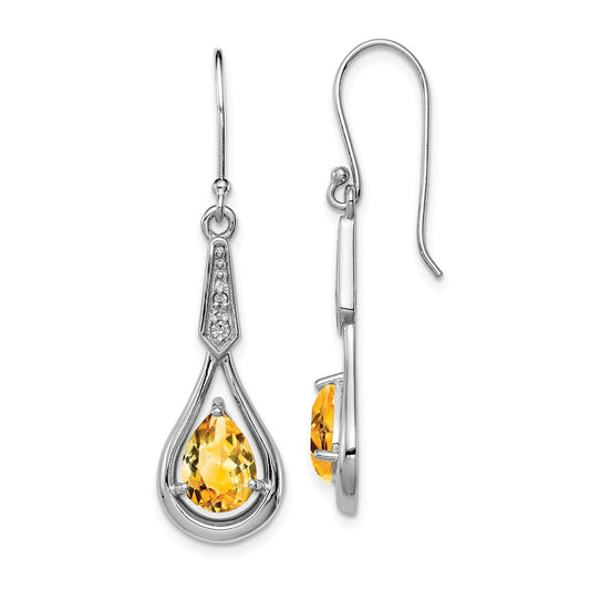 925 Sterling Silver Rhodium-plated with Cubic Zirconia ( CZ ) & Citrine Dangle Earrings, 40mm x 11mm