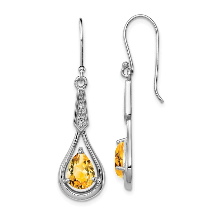 925 Sterling Silver Rhodium-plated with Cubic Zirconia ( CZ ) & Citrine Dangle Earrings, 40mm x 11mm