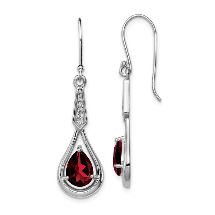 925 Sterling Silver Rhodium-plated with Cubic Zirconia ( CZ ) & Garnet Shepherd Hook Earrings, 40mm x 11mm