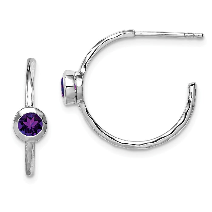 925 Sterling Silver Rhodium-plated with Amethyst Post Hoop Earrings, 19mm x 21mm