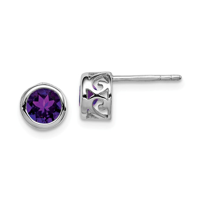 925 Sterling Silver Rhodium-plated Polished Amethyst Round Post Earrings, 7mm x 7mm