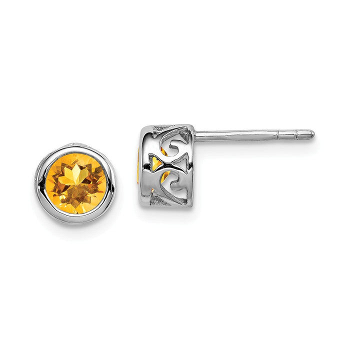 925 Sterling Silver Rhodium-plated Polished Citrine Round Post Earrings, 7mm x 7mm