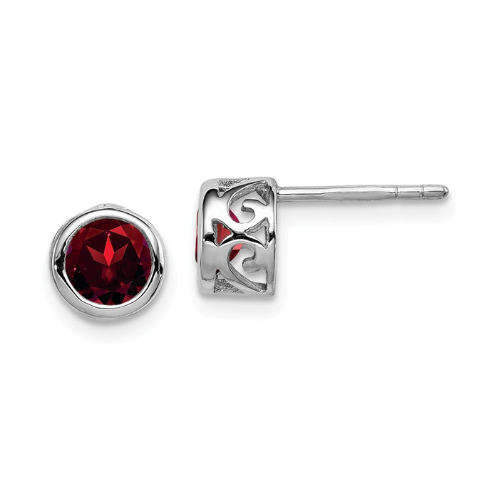 925 Sterling Silver Rhodium-plated Polished Garnet Round Post Earrings, 7mm x 7mm