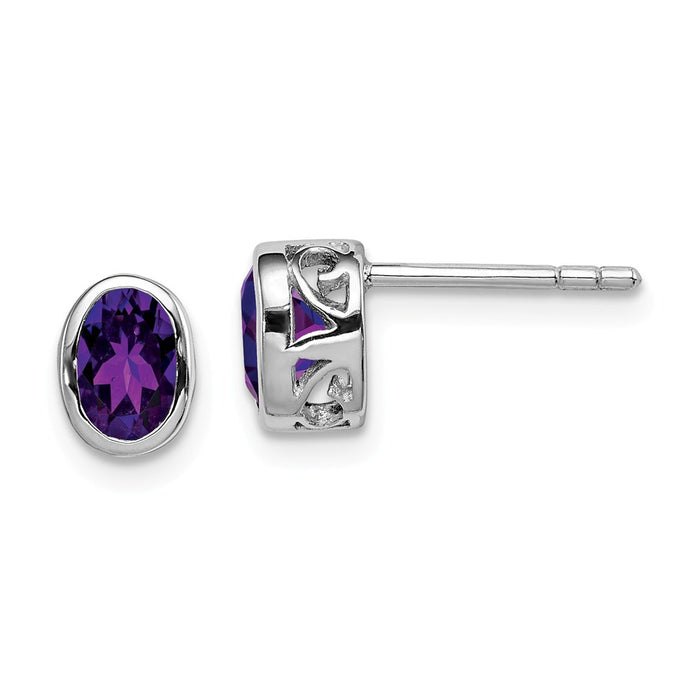 925 Sterling Silver Rhodium-plated Polished Amethyst Oval Post Earrings, 8mm x 5mm