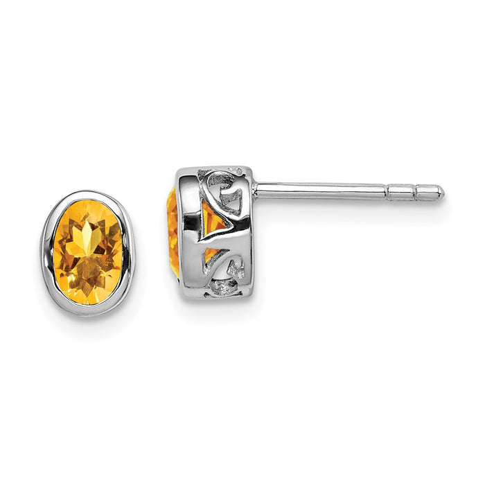 925 Sterling Silver Rhodium-plated Polished Citrine Oval Post Earrings, 8mm x 5mm